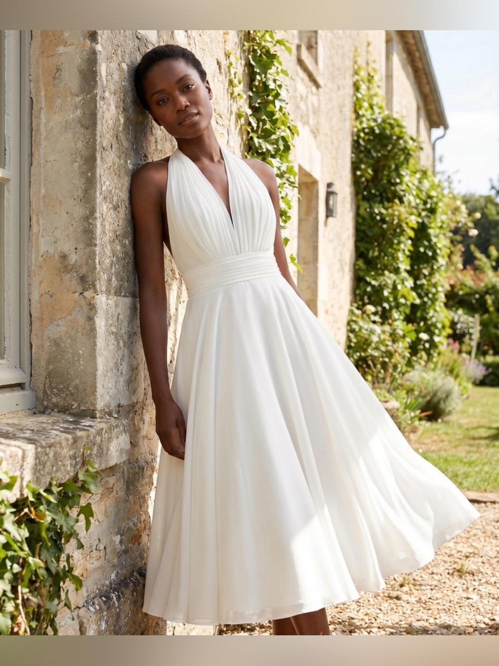 NEW White Pleated Halter Chiffon Dress Bridal / Engagement / Rehearsal Small